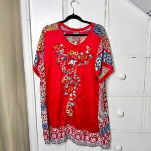 Johnny Was Silk Tunic Shirt Embroidered Floral Patchwork Boho Kimono Red Sz XL